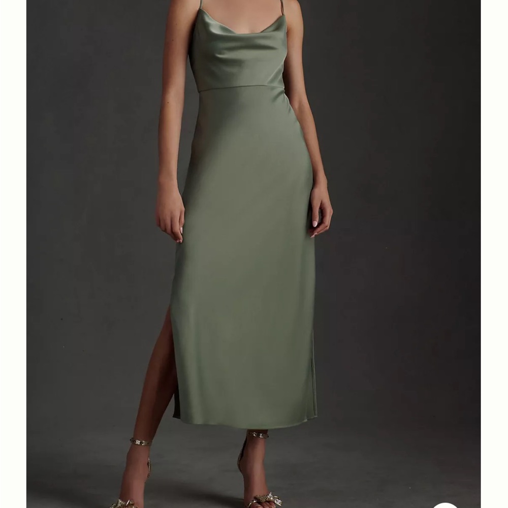 Anthropologie/ BHLDN Cali satin cowl neck midi slip bridesmaid dress MOSS color